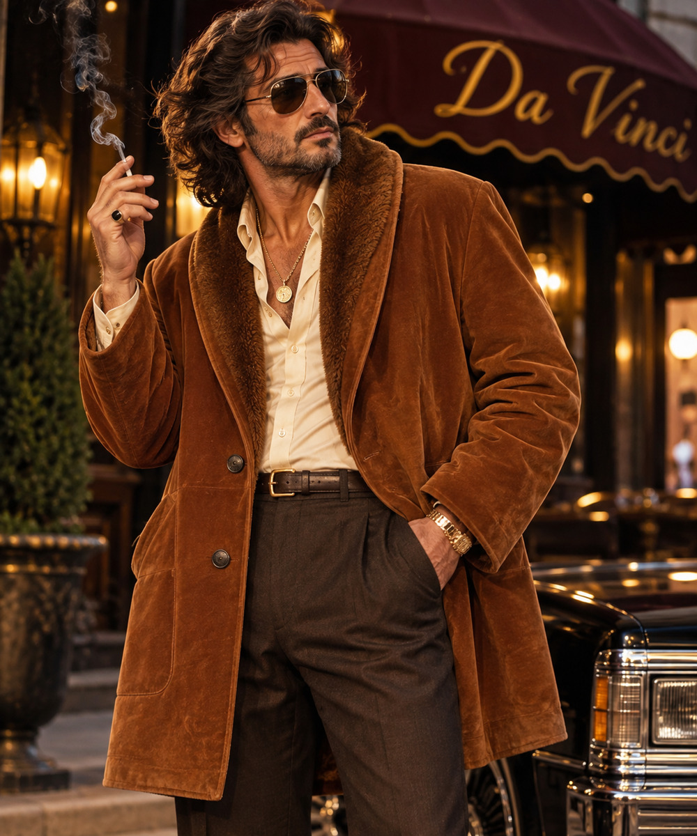 Vintage V Alta Moda Italy Mens XL 2XL Faux Suede Sherpa Fur Lined Car Coat Brown